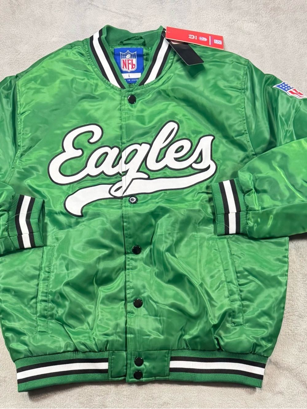 NWT Ultra Game Philadelphia Eagles Satin Jacket Size Large Green Spell Out